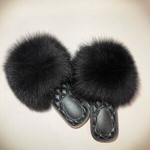 Real Black Fox Fur Slippers